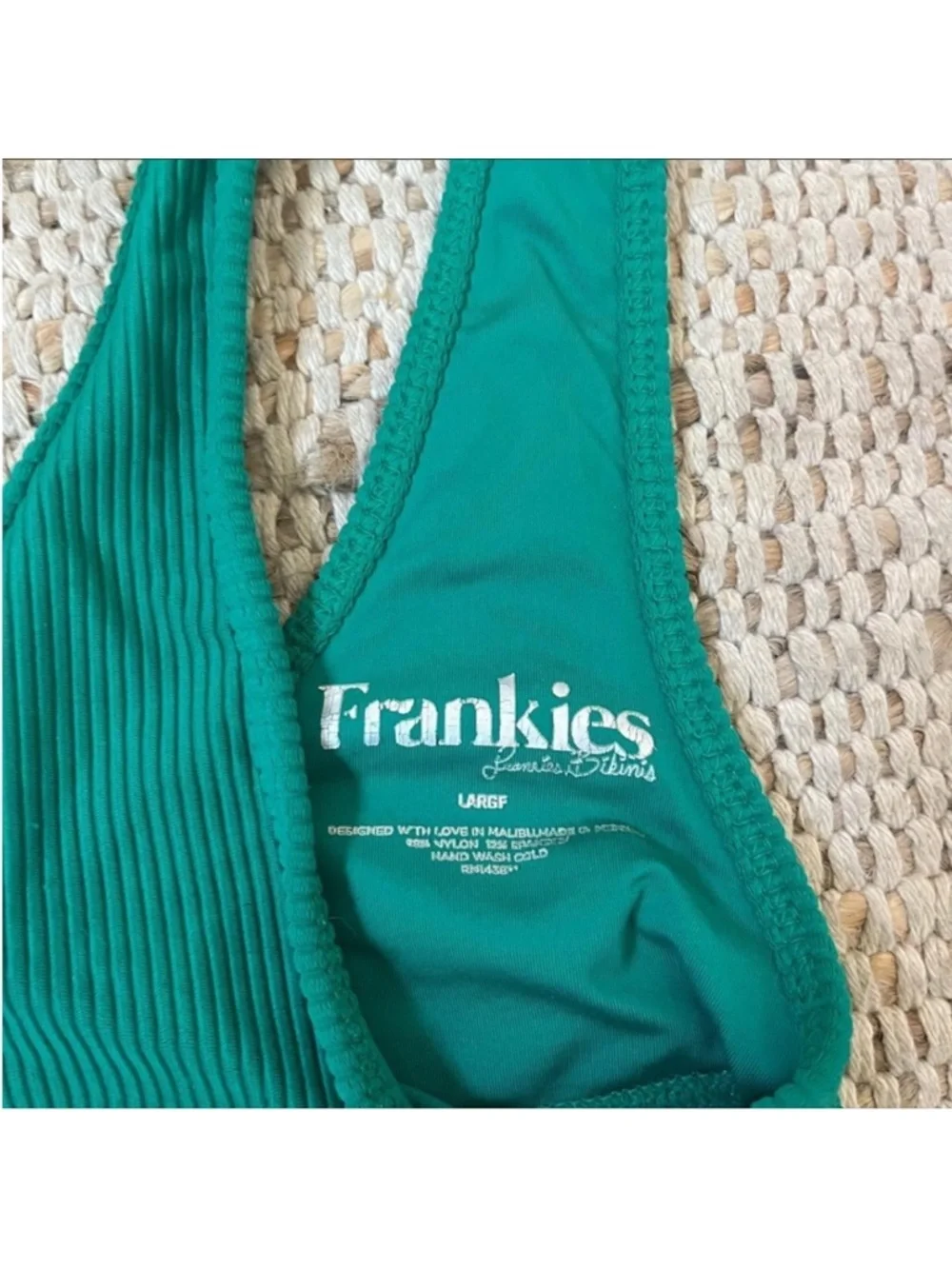 Frankie’s Bikinis Set - Top (L) and Bottom (M) Emerald Green Ribbed Cutout